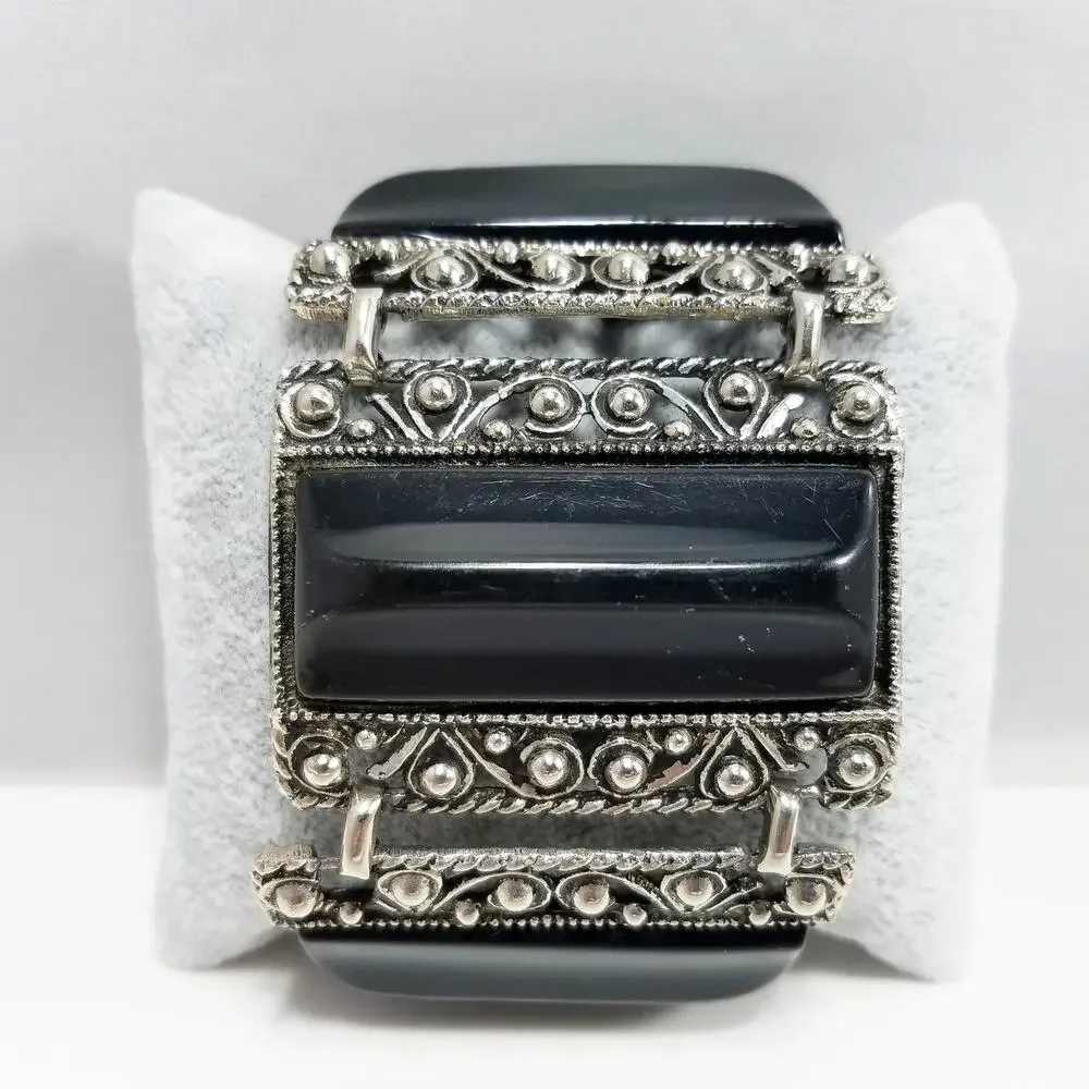 Vintage Selro Style Bracelet, Raised Lucite Black Panels, Chunky Wide